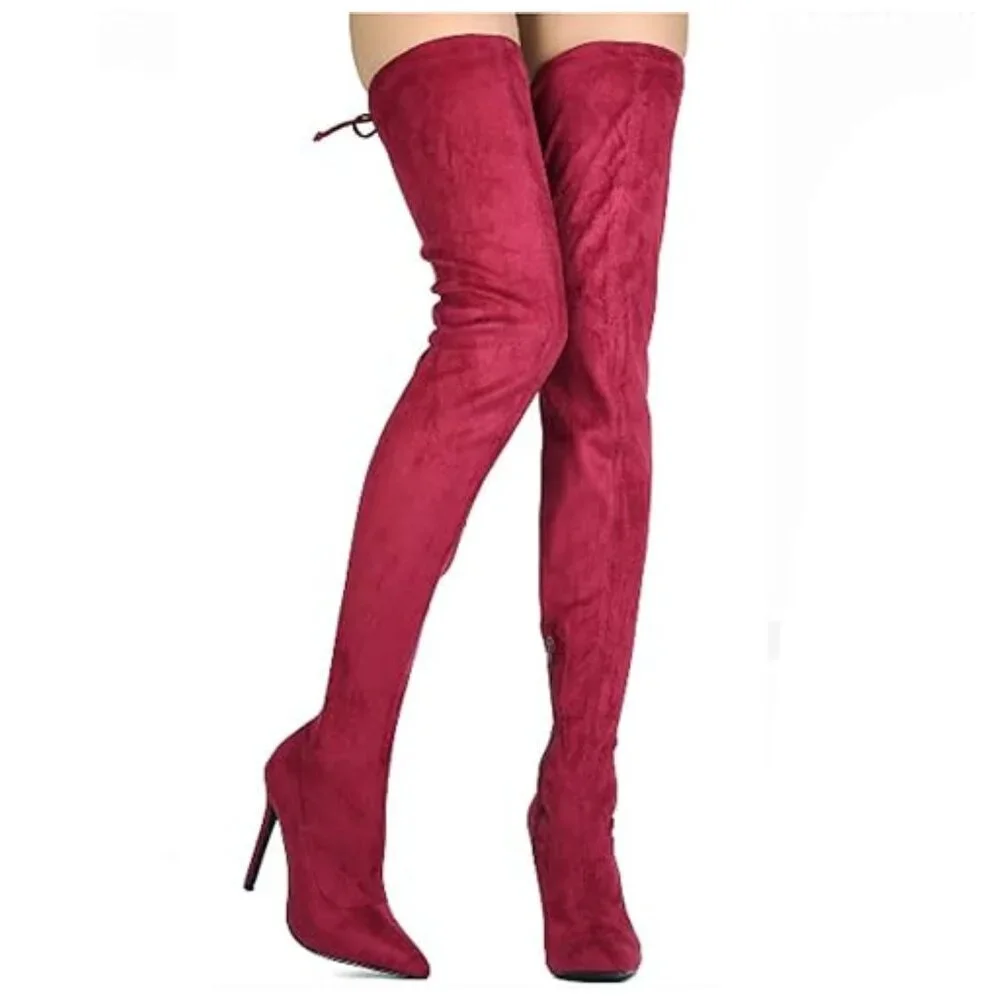 Statement Style Pointed Toe Thigh-High Silhouette Wine Red Stiletto Suede Boots